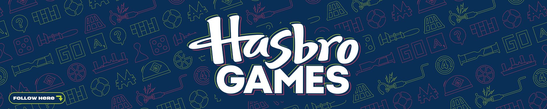 Hasbro Games logo on a navy pattern of dice, tokens and game pieces