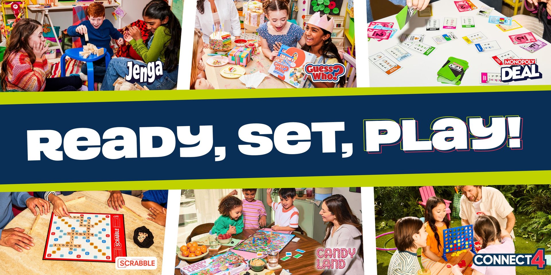 Ready, set, play! Families playing Jenga, Guess Who?, Monopoly Deal, Scrabble, Candy Land and Connect 4